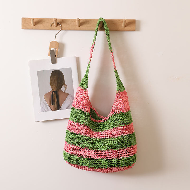 Large Capacity Striped Shoulder Straw Bag Hand Crocheted Straw Bag Woven Bag Seaside Vacation Beach Bag Bella Mia