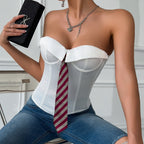 Sexy Low Cut Business Satin Tie Solid Color Boning Corset Lace up Steel Ring Top Bella Mia