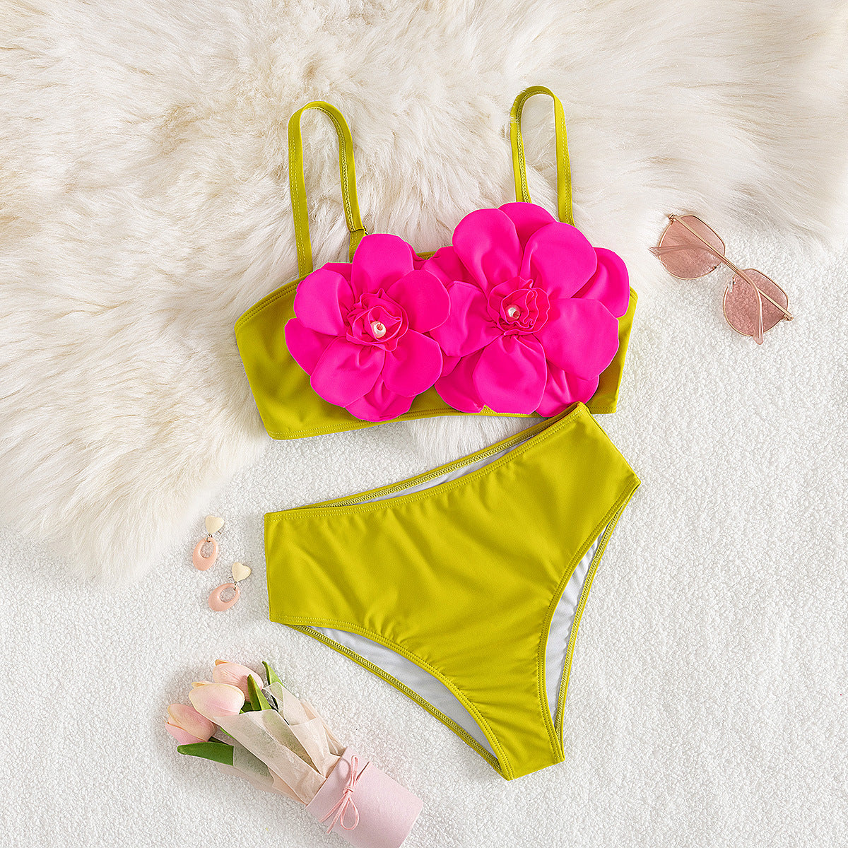 Solid Color High Waist Split Swimsuit Women Tube Top Slip on Floral Bikini Bella Mia