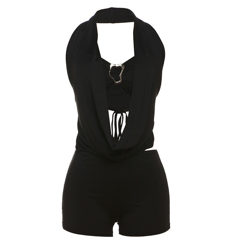 Summer Women Sexy Tube Top Halter Deep V Plunge neck Backless Lace up Jumpsuit Set Women Bella Mia