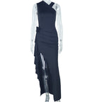Solid Color Women Clothing Elegant Slim Fold Split off the Shoulder Asymmetric Sleeveless Turtleneck Dress Bella Mia