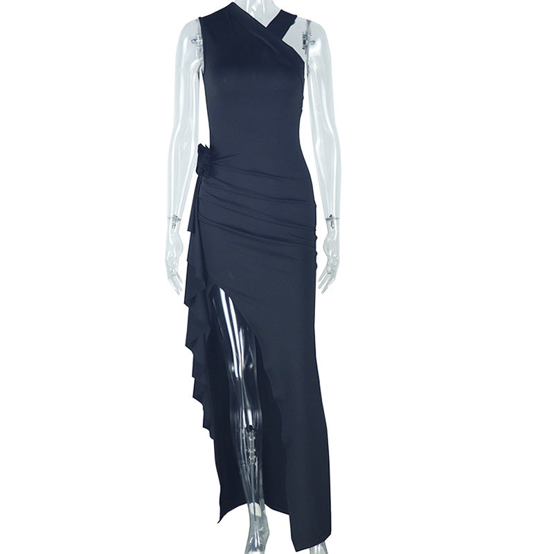 Solid Color Women Clothing Elegant Slim Fold Split off the Shoulder Asymmetric Sleeveless Turtleneck Dress Bella Mia