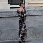 Women Clothing Autumn Retro Sexy off Shoulder Zebra Stripe Slim Fit Long Sleeve Dress Women Bella Mia