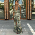 Women Clothing Elegant Halter Deep V Plunge neck Backless Waist Tight Slit Dress Abstract Printing Dress Women Bella Mia