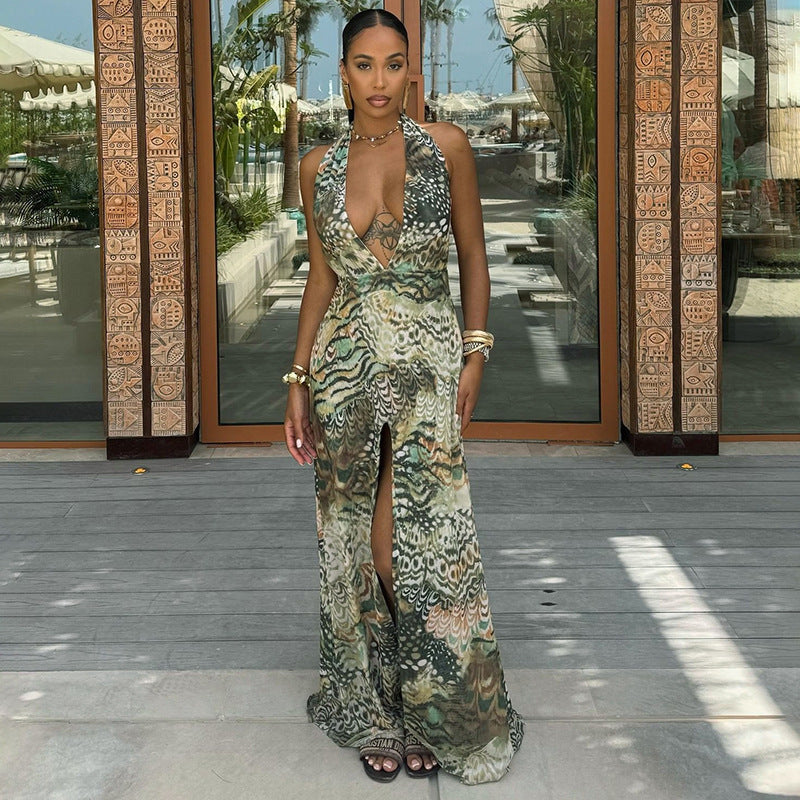 Women Clothing Elegant Halter Deep V Plunge neck Backless Waist Tight Slit Dress Abstract Printing Dress Women Bella Mia
