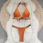 Three Point Halter Strap Sexy Backless Low Waist Bikini Solid Color Split Swimsuit Bella Mia