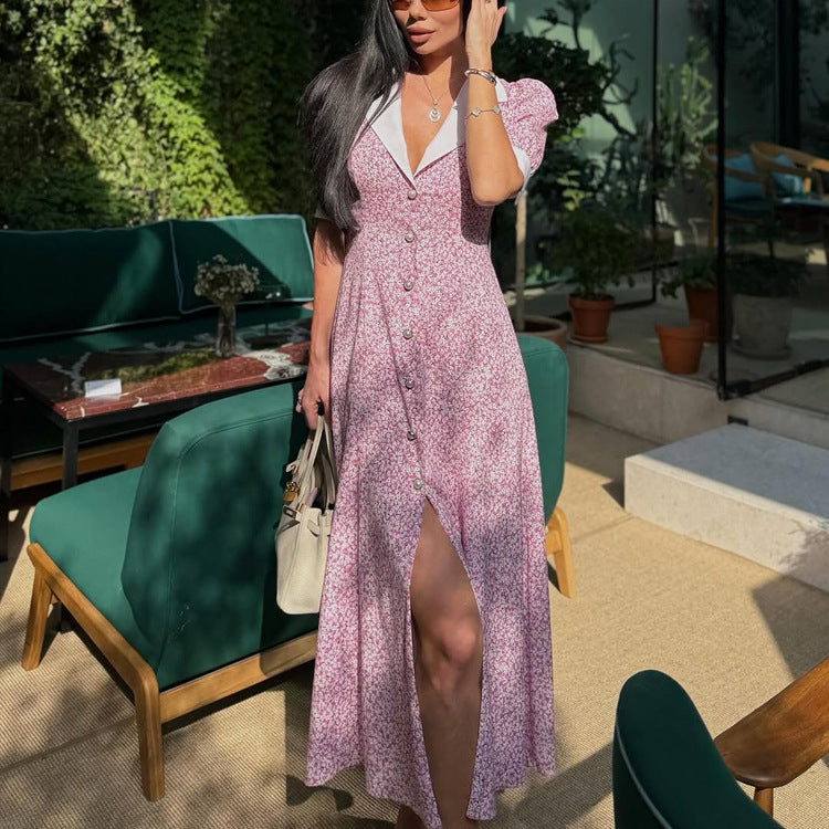 Elegant Floral Dress Summer Polo Collar Short Sleeve High Waist Print A line Dress for Women Bella Mia