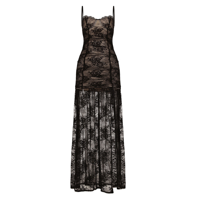Women Clothing See through Lace Split Pleated Sling Elegant Dress Holiday Sheath Dress Bella Mia