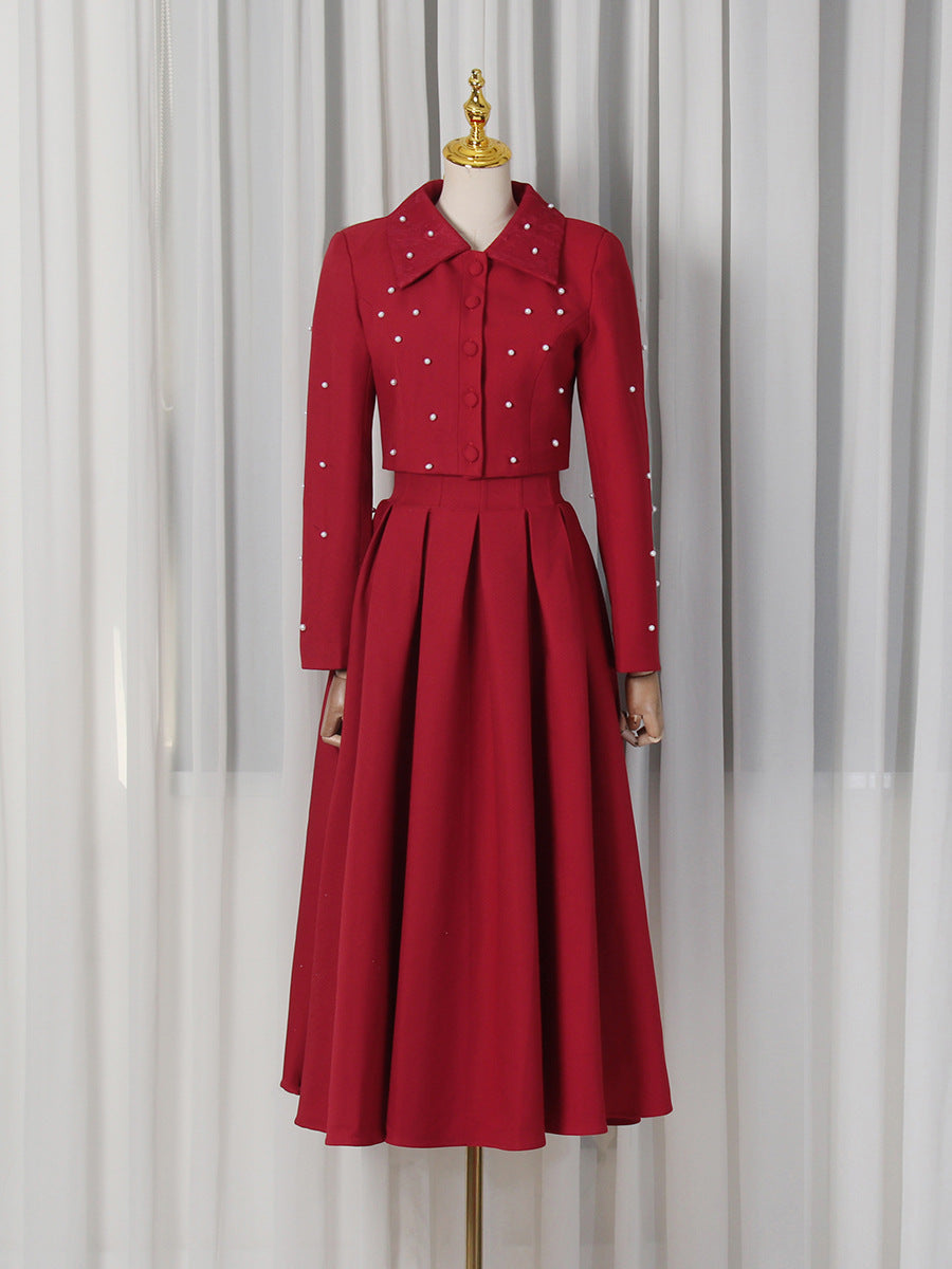 Spring Elegant Pleated Slim Maxi Dress Solid Color Beaded Collared Long Sleeve Two Piece Sets Women Bella Mia