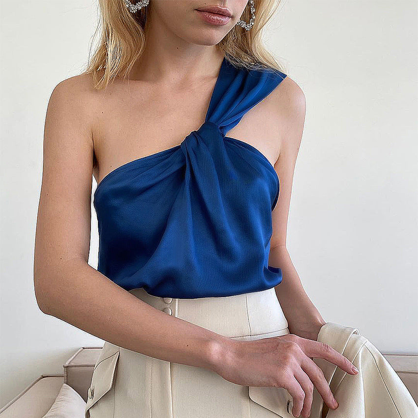 Spring Vest Sexy Oblique Shoulder Satin Base Fashion Klein Blue Top Can Be Women Outerwear Bella Mia