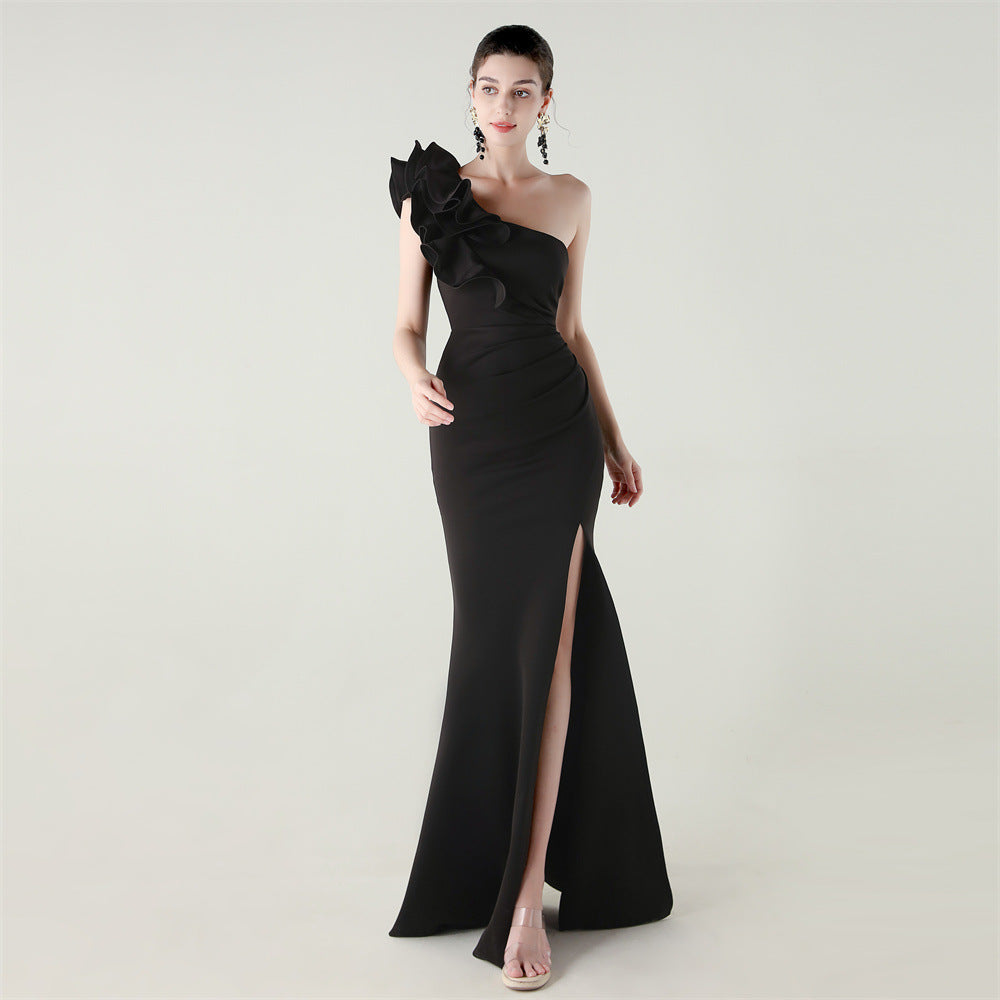 One Shoulder Craft Wave Floral Satin High Slit Sexy Evening Dress Dinner Party Wedding Social Bella Mia