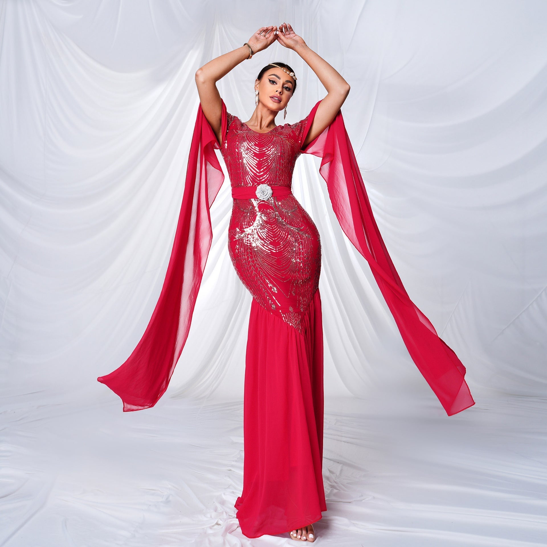 Women Clothing High End Long Sleeved round Neck Sequ Slim Fit Sheath Cocktail Fishtail Evening Dress Bella Mia