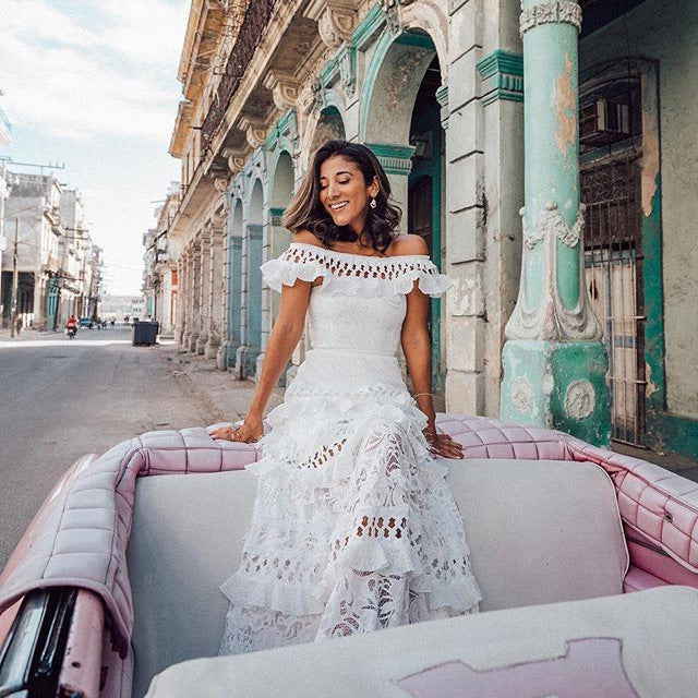 Summer Women Clothing off Shoulder Ruffled Hollow Out Cutout Wide Hem Lace Long Dress Bella Mia