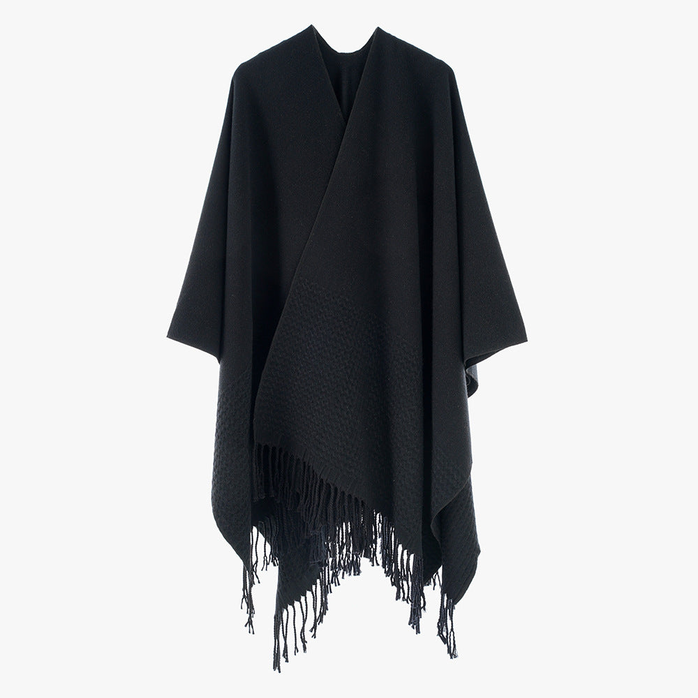 Solid Color Cashmere like Tassel Large Split Shawl Warm Monochrome Cape Plain Shawl Bella Mia