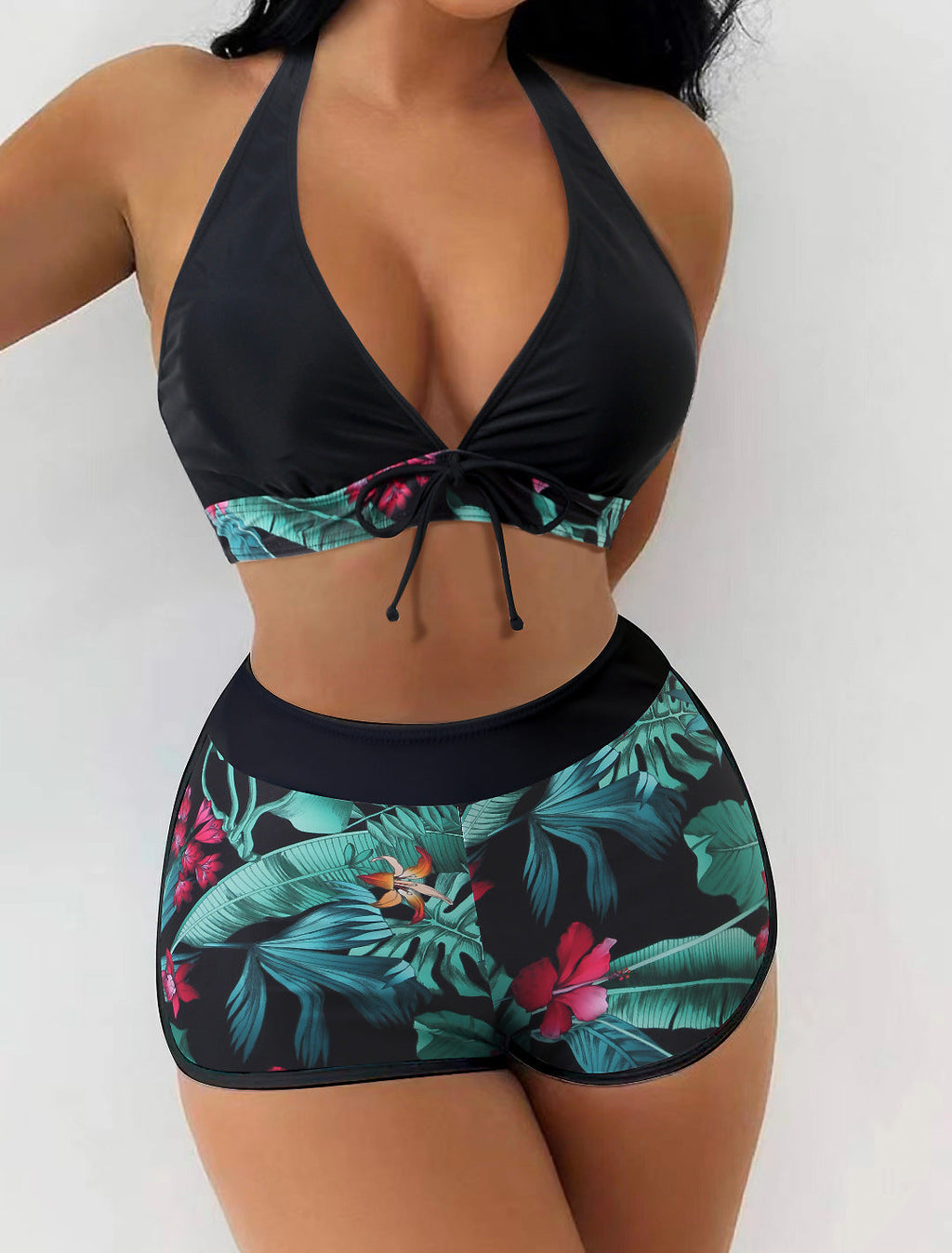 Swimsuit Women Split High Waist Boxer Lace Printing Solid Color Stitching Swimsuit Bella Mia