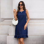 Summer round Neck Ruffled Hem Back Breasted Straight Denim Dress Bella Mia