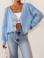 Women Knitted Sweater Street Hipster Short Top Hand Hook Floral Decorative Button Cardigan Short Coat Bella Mia