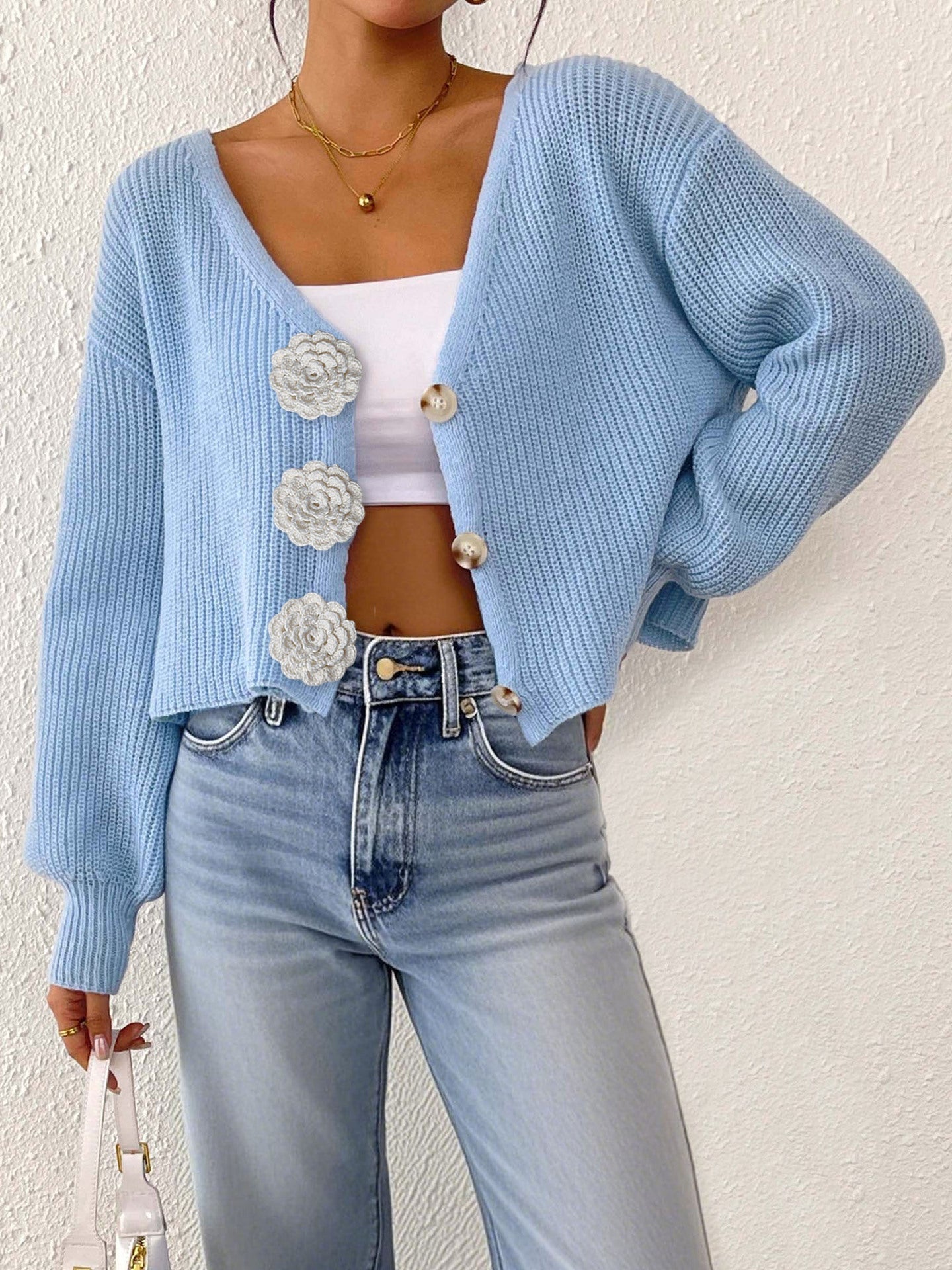 Women Knitted Sweater Street Hipster Short Top Hand Hook Floral Decorative Button Cardigan Short Coat Bella Mia