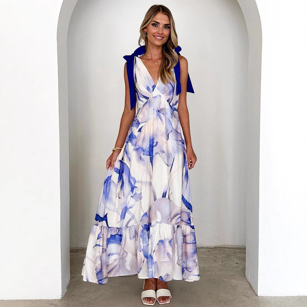 Summer Women Maxi Dress V neck Sleeveless Printed Dress