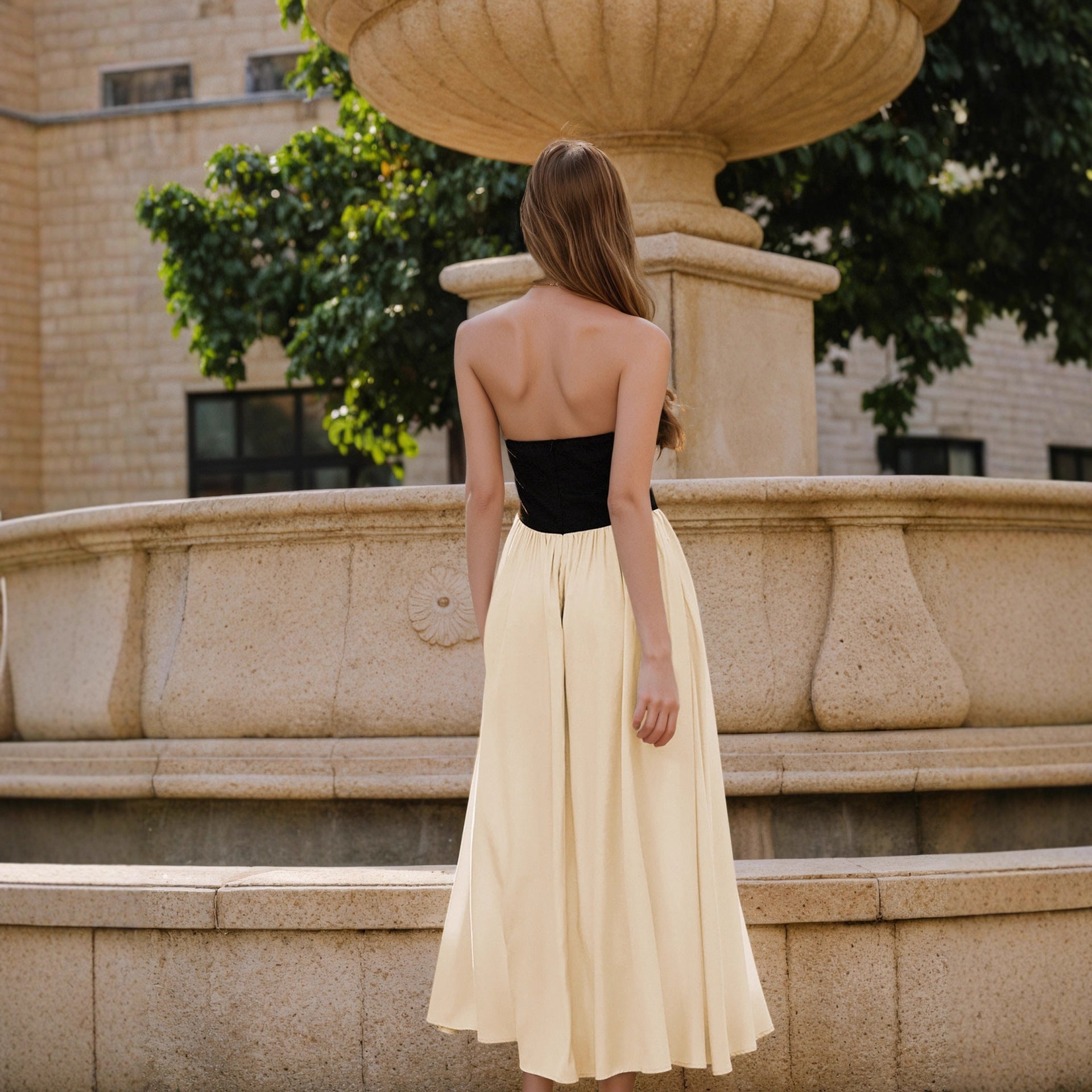 Socialite Elegant Women Dress Slim Fit Black White Stitching Sleeveless Halter Backless Maxi Dress off Neck Dress Bella Mia