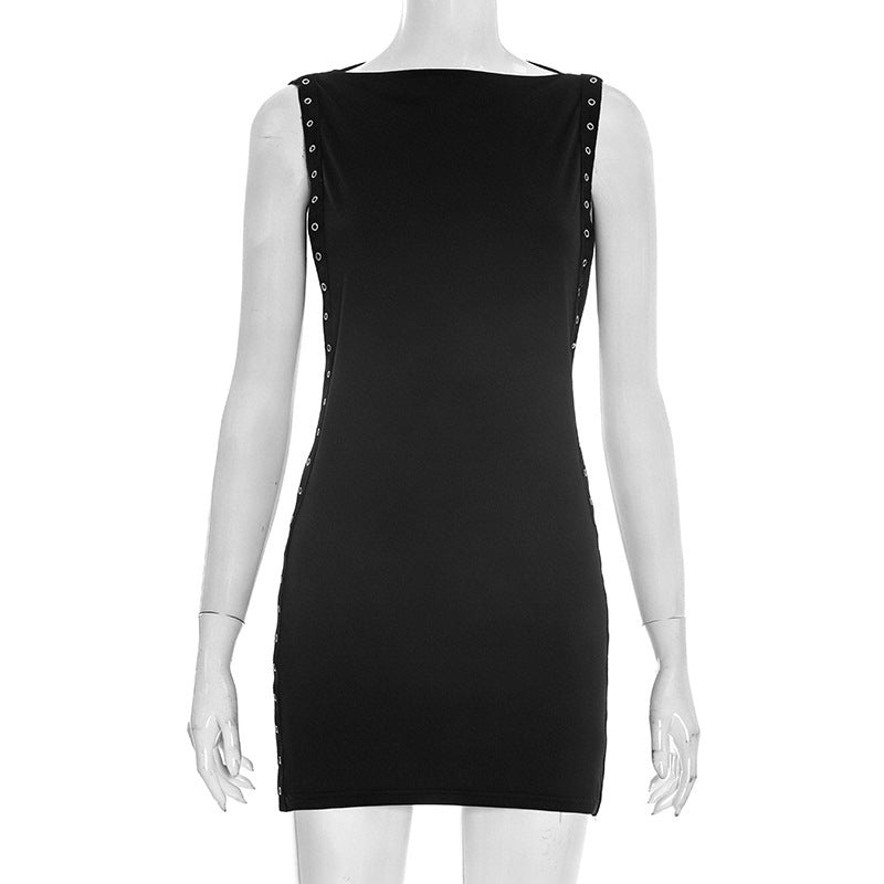 Women Clothing Summer Solid Color Casual round Neck Corns Hollow Out Cutout Sexy Short Sleeveless Dress Bella Mia