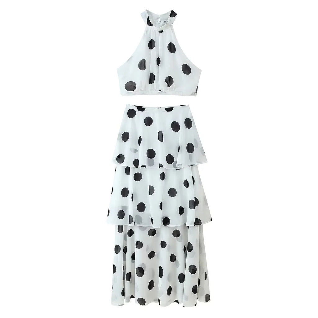 French Polka Dot Sweet Sexy Women ummer Halter Sleeveless Vest High Waist Flounced Skirt Set Bella Mia