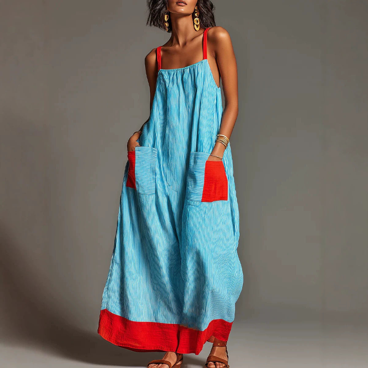 Striped Strap Dress Summer Elegant Travel Holiday Women Long