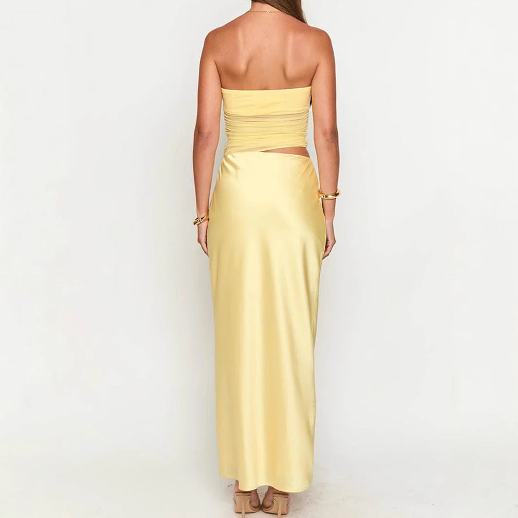 Sexy Tube Top Hollow Out Cutout Backless Yellow Dress French High Grade Satin Dress Sexy Summer Beautiful Dress Bella Mia