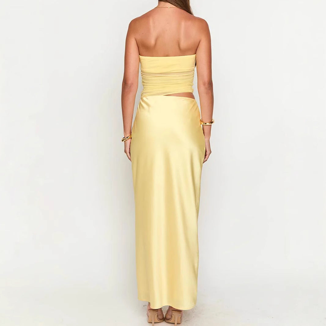 Sexy Tube Top Hollow Out Cutout Backless Yellow Dress French High Grade Satin Dress Sexy Summer Beautiful Dress Bella Mia
