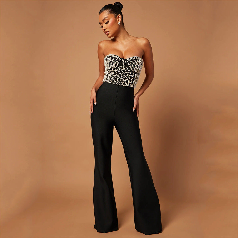 Sexy Pearl Tube Top Elegant Slim Bootcut Pants Bandage Jumpsuit Bella Mia