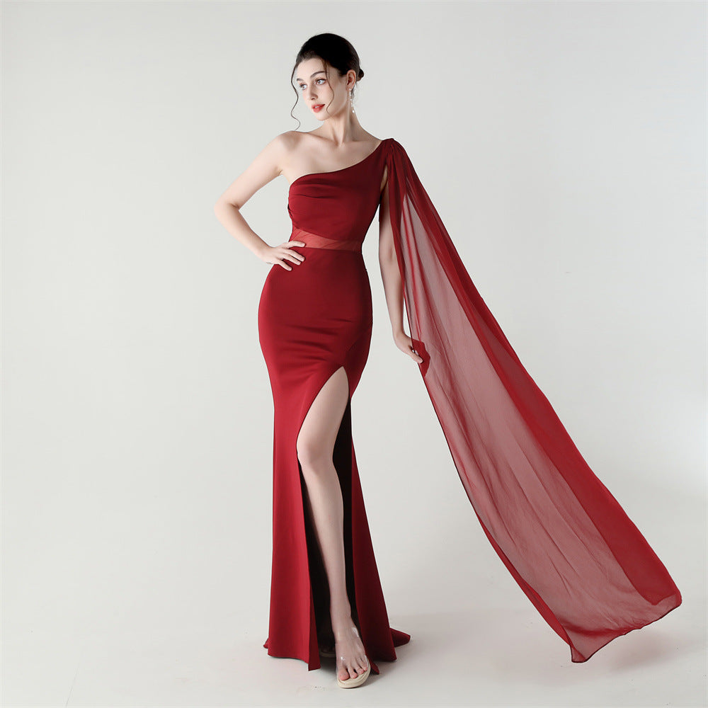Single Shoulder Crossbody Stitching Mesh Design Satin Slim Cocktail Dress Evening Dress Bella Mia