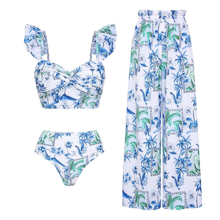 Summer Lotus Leaf Sleeve Split Swimsuit Women Seaside Vacation High Waist Thin Bikini Bella Mia