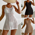 Vacation Women Clothing Short Chic round Neck Plaid Texture Hollow Out Cutout out See through Camisole Sexy Short Dress Crochet hook Bella Mia