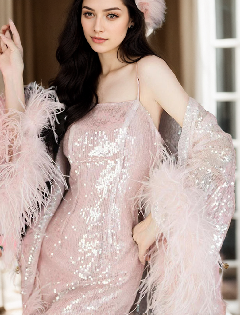 Blush Pink Sequin and Ostrich Feather Long Robe Set – Glamorous Elegance
