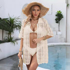 Women Beach Vacation Sun Protection Shirt Hollow Out Cutout Woven Shirt Polo Collar Coat Beach Cover Up Bella Mia