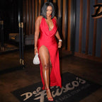 Women Clothing Autumn Women Clothing Sexy Deep V Plunge Halter Backless Split Sheath Dress Bella Mia
