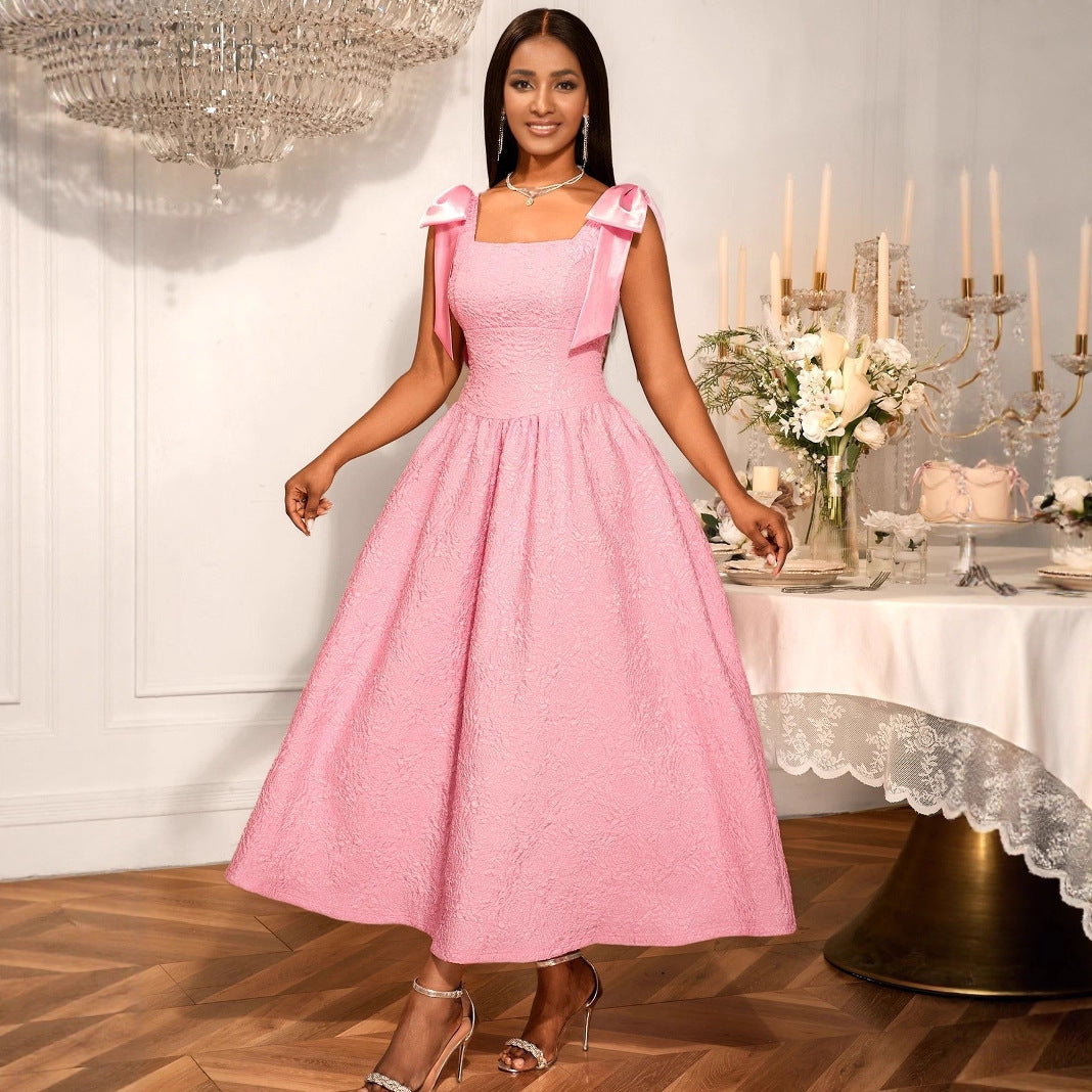 Women Clothing Elegant Bow Dress Jacquard High Waist a Swing Cocktail Evening Dress Party Dresses Bella Mia