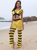Women Beach Clothing Stitching Sexy Deep V Plunge Tied Top Bootcut Pants Two Piece Set Bella Mia
