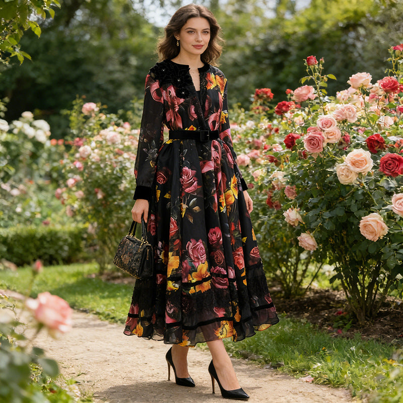 Spring High Grade Printed V neck Dress Tight Waist Slimming Flared Sleeves Stitching Lace Dress Women Bella Mia