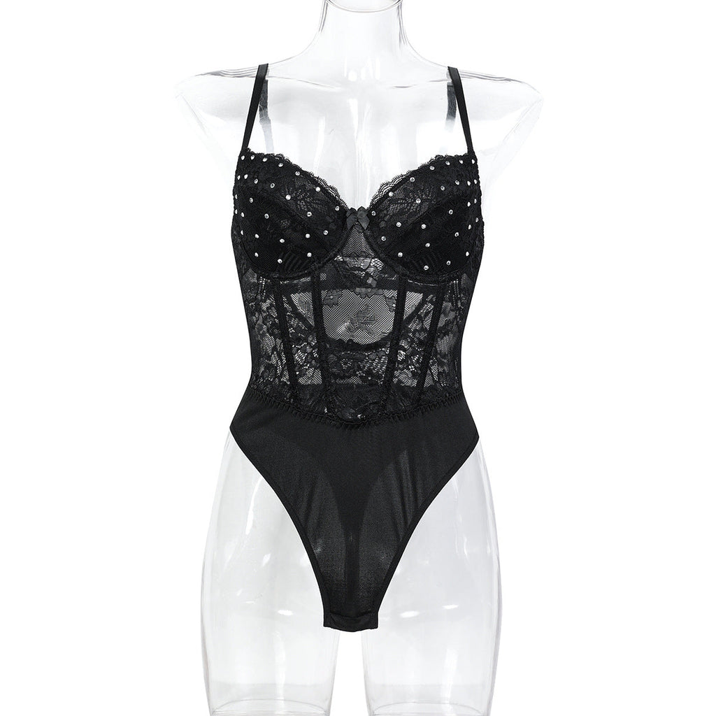 Black Heavy Embroidery Drilling Hand Wear Plastic Bones Shaping Body Shaping Double Layer Chest Cup Lace Jumpsuit Can Be Worn Alone Bella Mia
