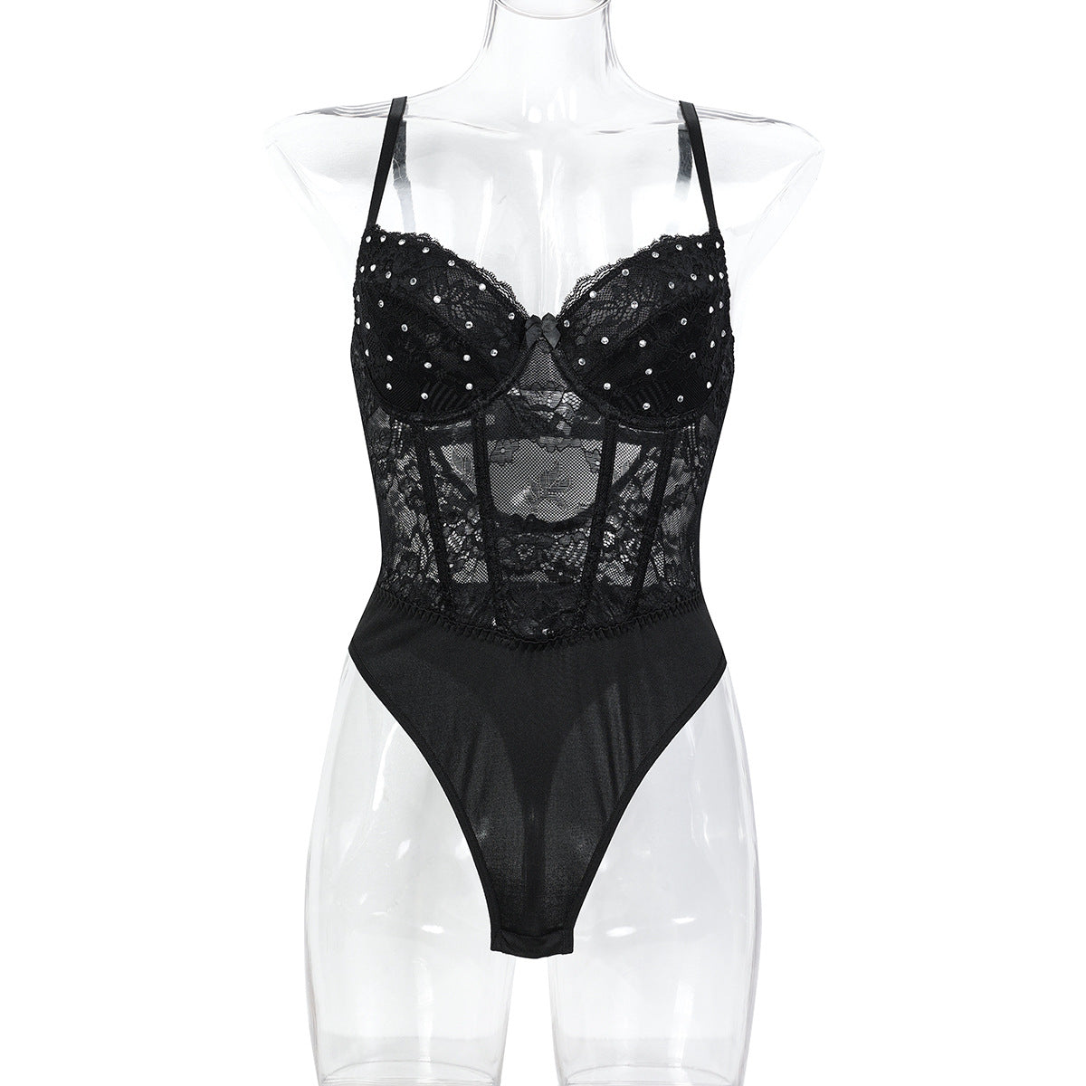 Black Heavy Embroidery Drilling Hand Wear Plastic Bones Shaping Body Shaping Double Layer Chest Cup Lace Jumpsuit Can Be Worn Alone Bella Mia