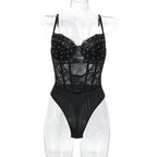 Black Heavy Embroidery Drilling Hand Wear Plastic Bones Shaping Body Shaping Double Layer Chest Cup Lace Jumpsuit Can Be Worn Alone Bella Mia