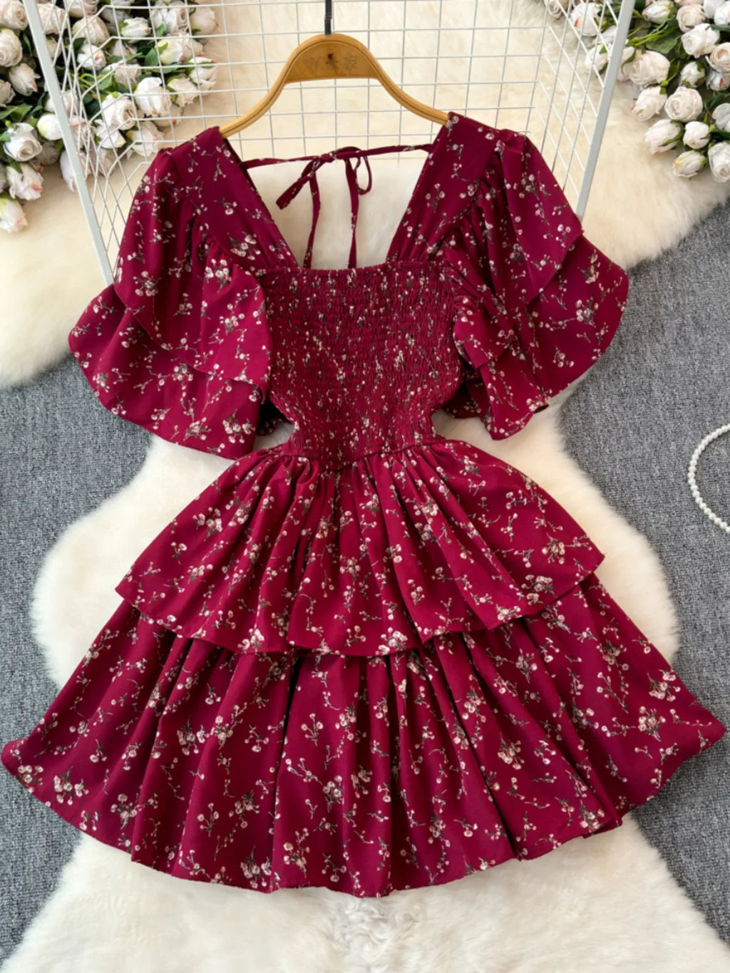 Design Summer Ruffle Sleeve Retro Pleated Floral Skirt