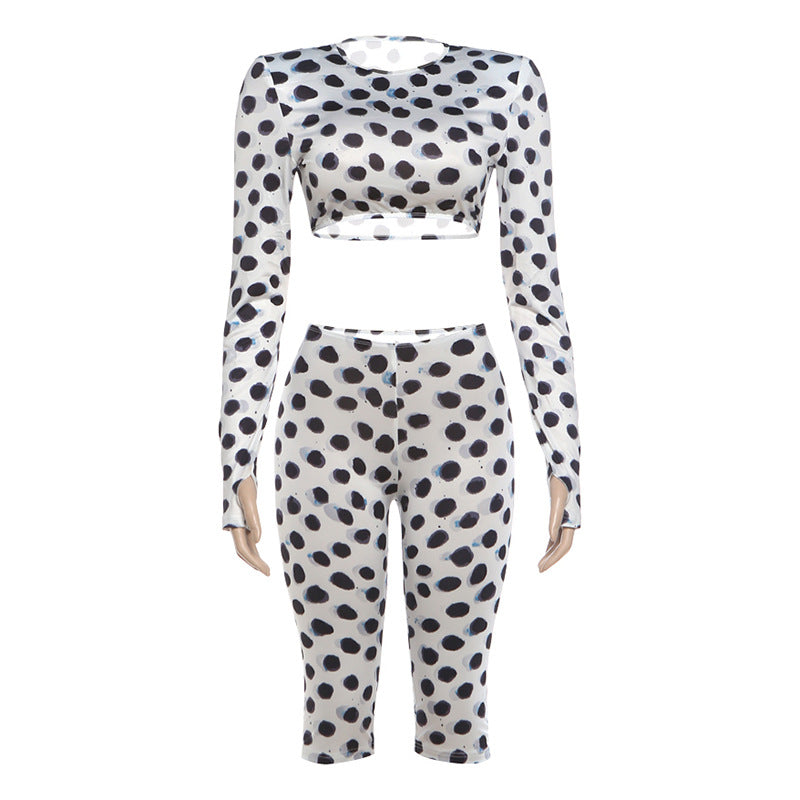 Summer Women Polka Dot Print Long Sleeve Short Top Sexy Slim Fit Fifth Pants Set