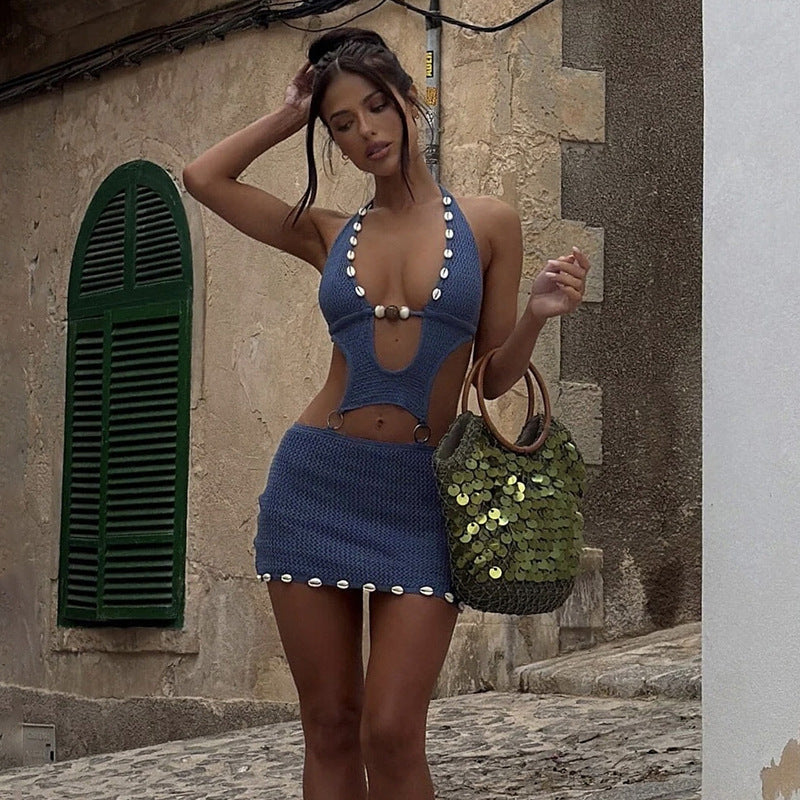 Women Clothing Spring Knitted Sexy Beaded Slim Sheath Halter Lace up Hollow Out Cutout Dress Women Bella Mia
