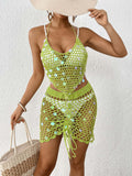Women Vacation Beach Women Clothing Sequin Stitching Pure Hand Crocheting Bikini Two Piece Sets Blouse Bella Mia
