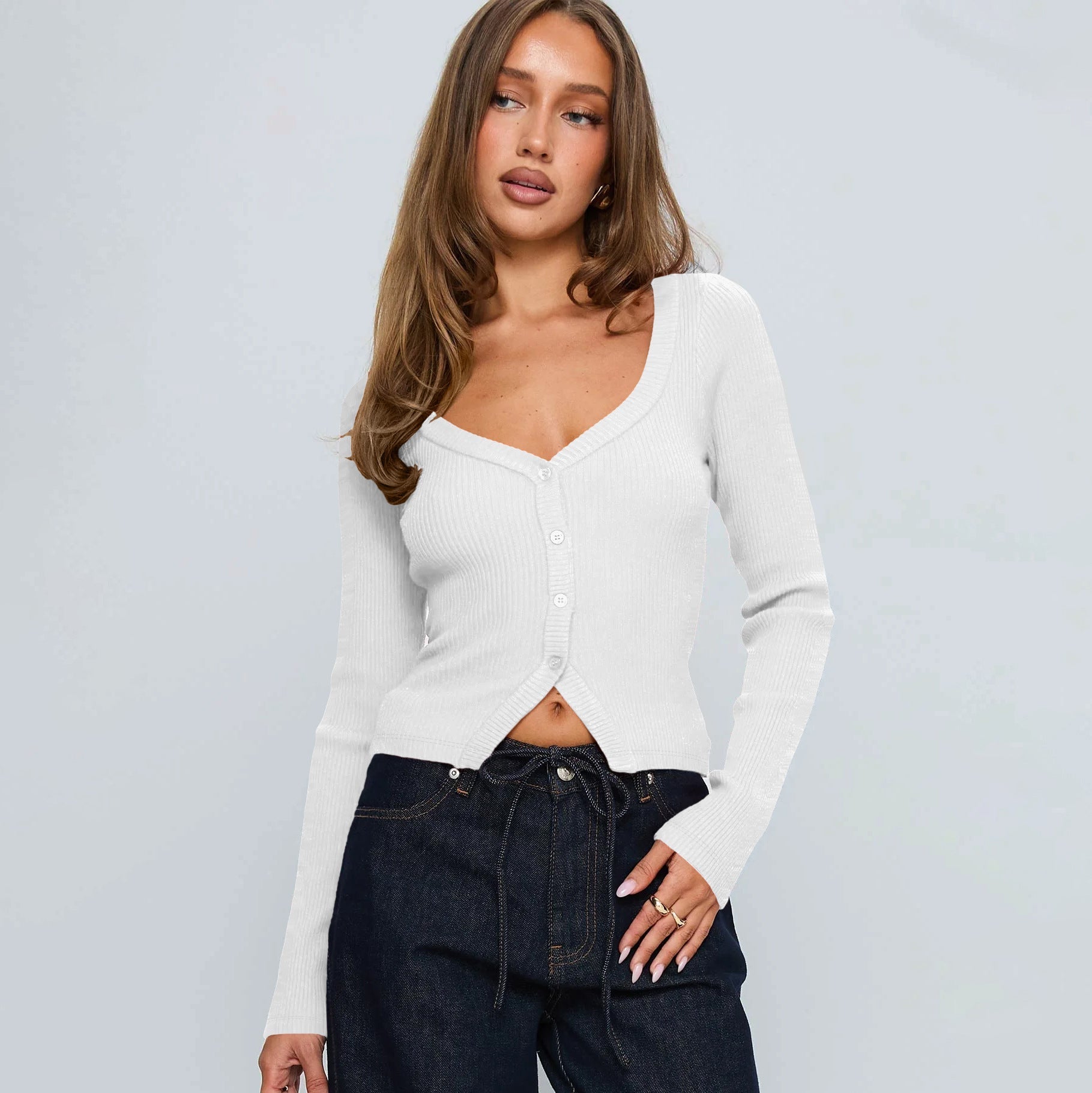 Women Fall Winter V neck Long Sleeve Ribbed Button Cardigan Slim Fit Bella Mia