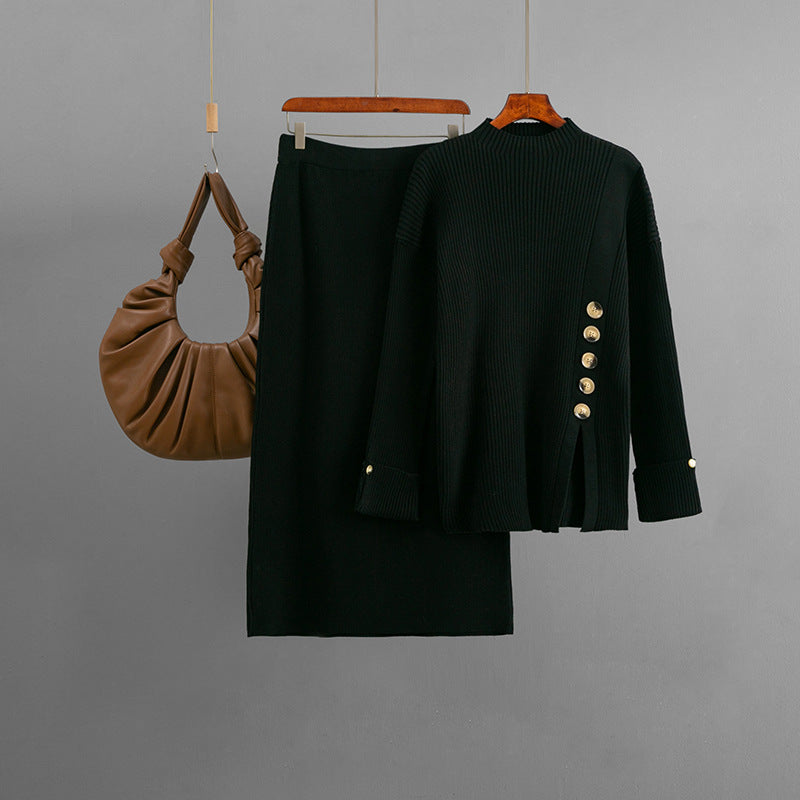 Women Autumn Winter Side Slit Fastener Decoration Sweater Skirt Two Piece Sets Bella Mia