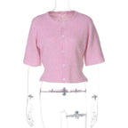 Women Clothing Autumn Crew Neck Three Quarter Sleeve Knitted Buckle Cardigan Top Bella Mia