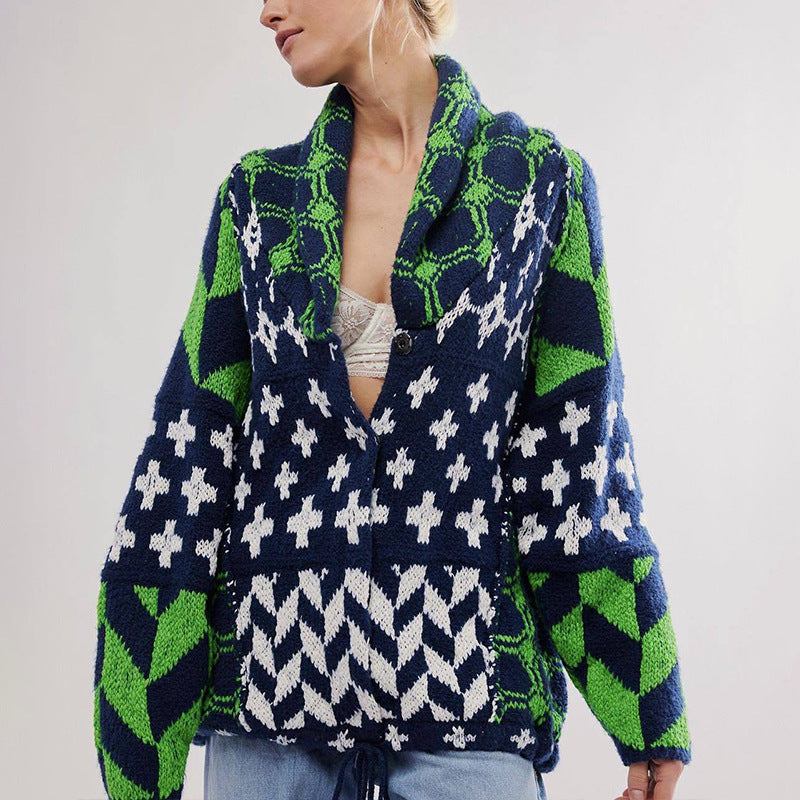Autumn Winter Knitwear Abstract Printing Collared Loose Long Sleeve Knitted Sweater for Women Bella Mia